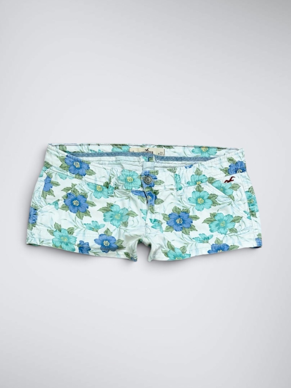 VTG 2000s Hollister Aqua Blue Floral Low Rise Micro Mini Shorts